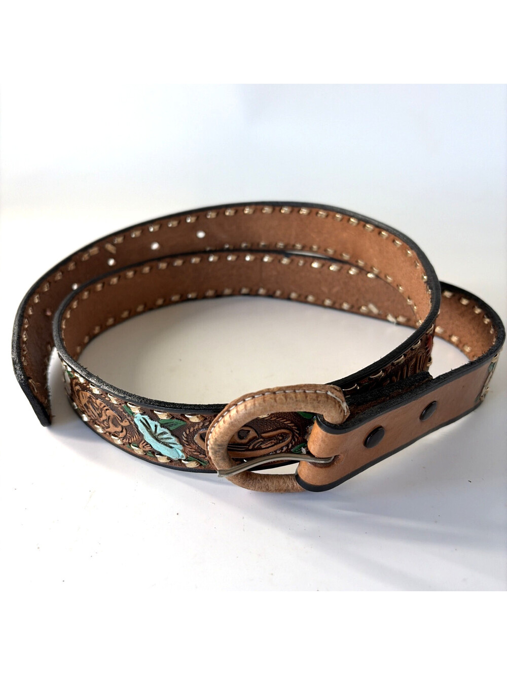 Hand Tooled Leather Belt Size 40 Mexico Western Floral Painted Brown 1 3/8" Wide